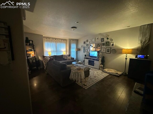 living area featuring visible vents, a textured ceiling, and dark wood-style flooring