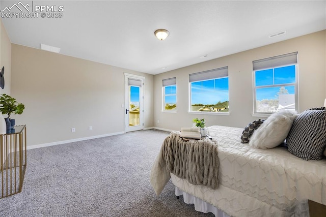 carpeted bedroom featuring baseboards, multiple windows, visible vents, and access to exterior