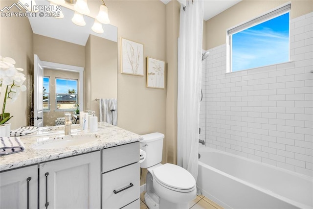 full bathroom featuring shower / bath combination with curtain, a wealth of natural light, vanity, and toilet