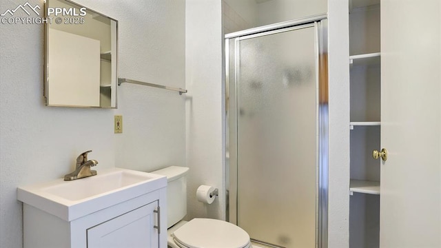 bathroom with a shower stall, toilet, and vanity