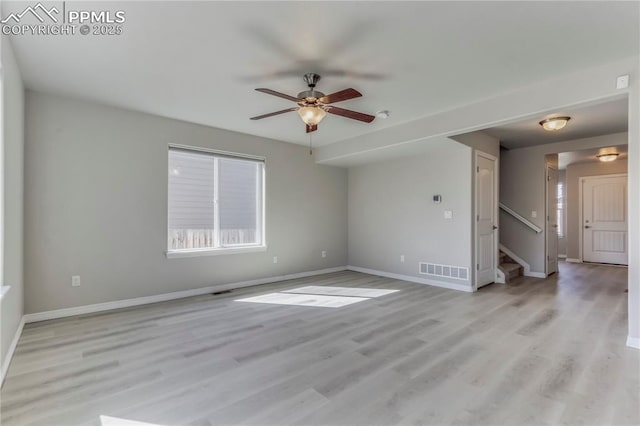 spare room with light wood-type flooring, visible vents, baseboards, and stairway