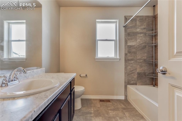 full bathroom with visible vents, baseboards, a healthy amount of sunlight, and vanity