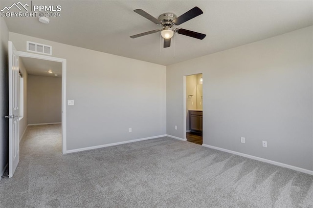 unfurnished bedroom with a ceiling fan, baseboards, visible vents, and carpet flooring