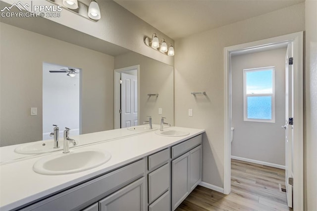 full bathroom featuring double vanity, wood finished floors, and a sink