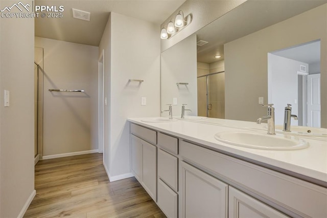 full bathroom with a stall shower and a sink