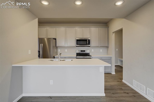 kitchen with recessed lighting, light countertops, appliances with stainless steel finishes, a sink, and wood finished floors