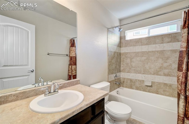 full bathroom with toilet, shower / bathtub combination with curtain, and vanity