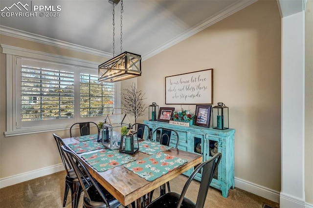 dining room featuring carpet floors, baseboards, and ornamental molding