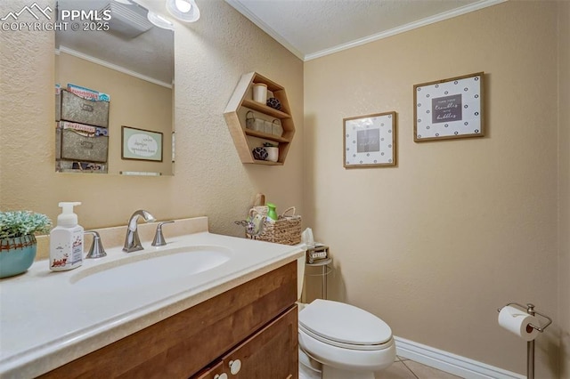 half bath featuring crown molding, vanity, toilet, and tile patterned floors