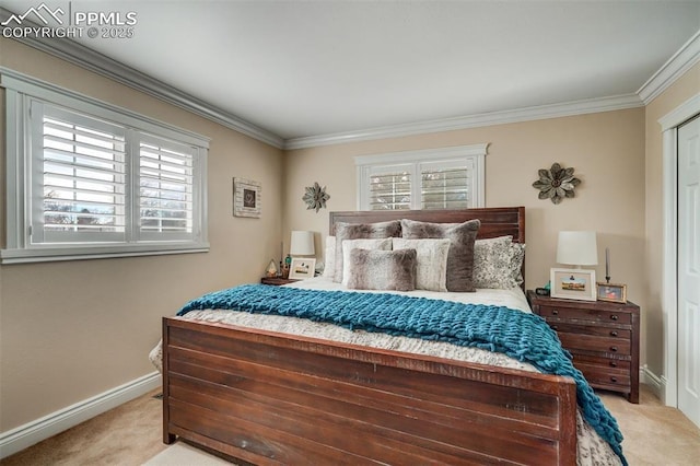 bedroom with carpet floors, ornamental molding, and multiple windows