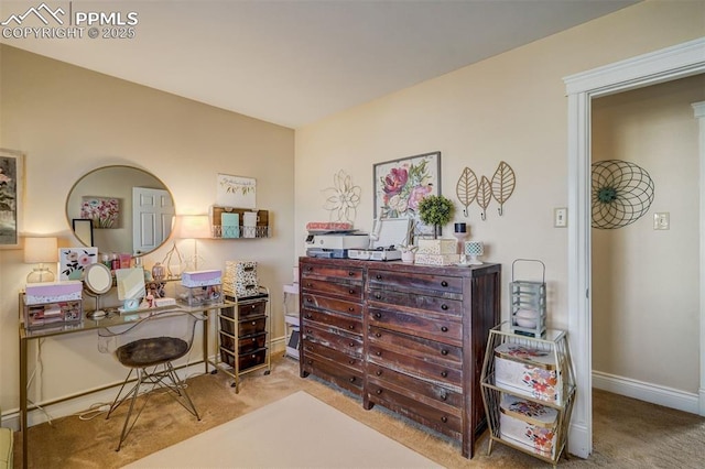 home office featuring carpet floors and baseboards