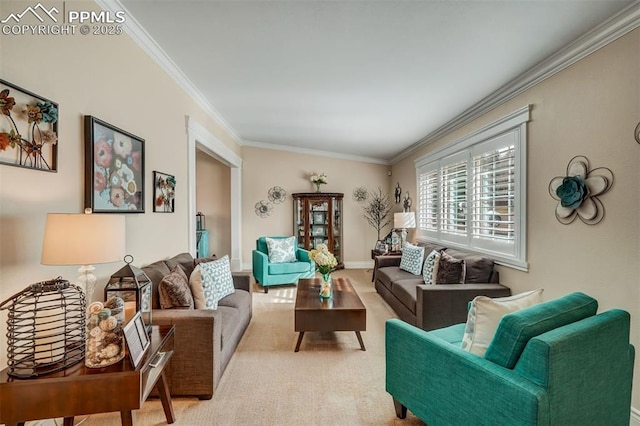 living room featuring ornamental molding and light colored carpet