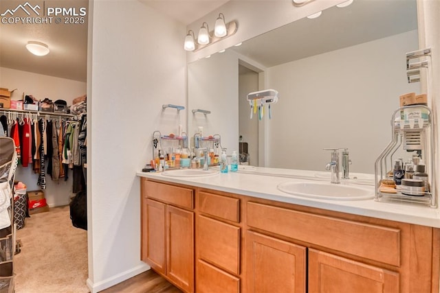 bathroom with a walk in closet, a sink, baseboards, and double vanity