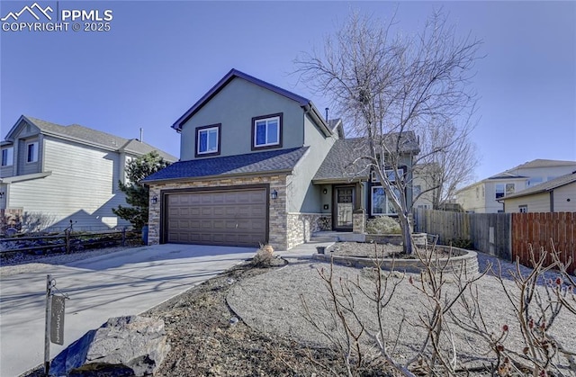 traditional-style home featuring driveway, a garage, stone siding, fence, and stucco siding