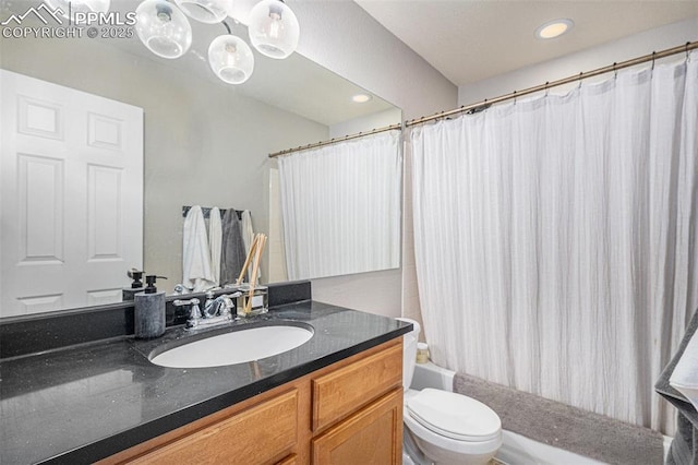 1432 Red Mica Way, Monument, CO 80132 - bathroom featuring toilet, shower / bathtub combination with curtain, recessed lighting, and vanity