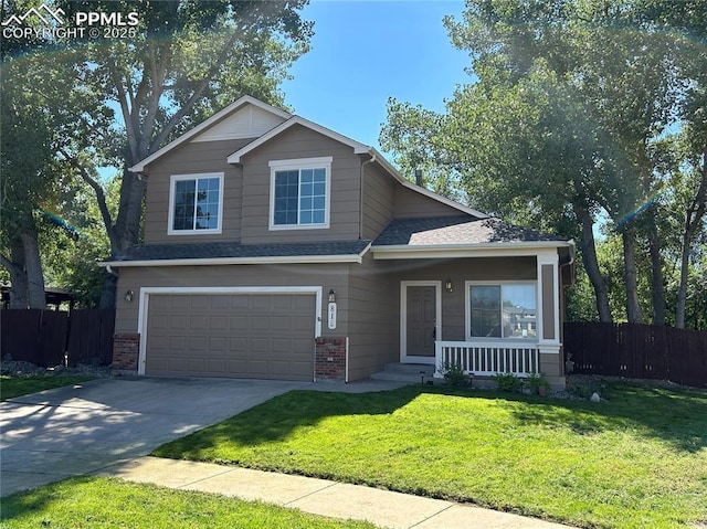 view of front of house featuring driveway, brick siding, an attached garage, fence, and a front yard