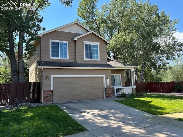 view of front of property featuring concrete driveway, brick siding, a front lawn, and fence