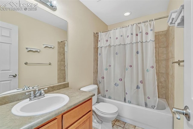 bathroom with shower / bath combo, vanity, and toilet