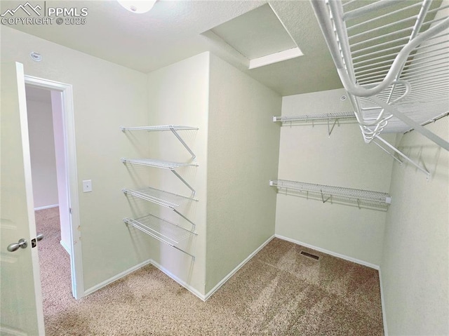 spacious closet featuring visible vents, attic access, and carpet floors