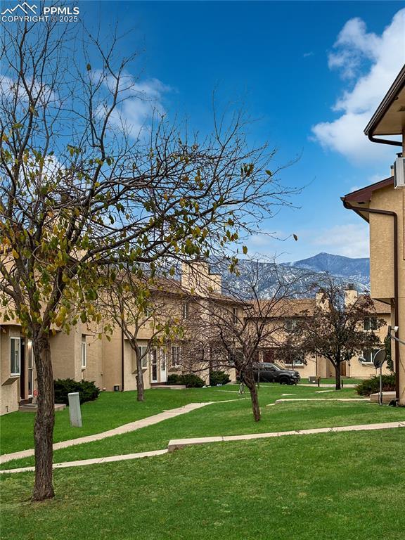 view of community with a yard and a mountain view