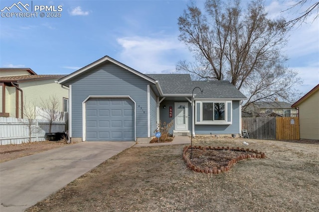 ranch-style home with a garage, concrete driveway, fence, and a shingled roof