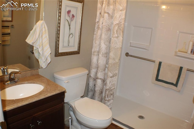 bathroom featuring toilet, vanity, and a shower with shower curtain