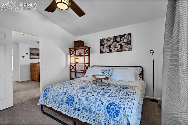 carpeted bedroom featuring a ceiling fan, vaulted ceiling, and baseboards