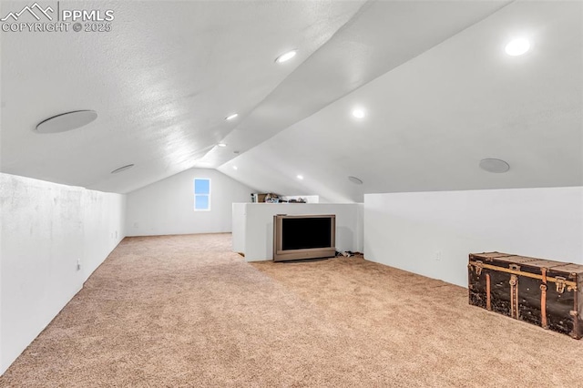 additional living space with lofted ceiling, a textured ceiling, and carpet flooring