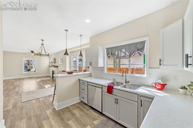 909 E 10th St, Pueblo, CO 81001 - kitchen featuring light wood-style flooring, a sink, stainless steel dishwasher, backsplash, and decorative light fixtures