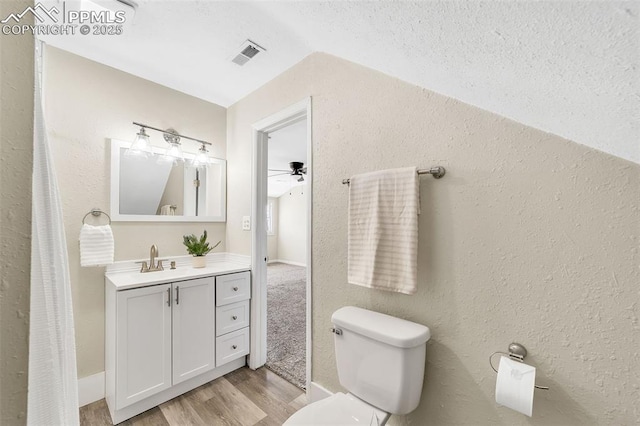 909 E 10th St, Pueblo, CO 81001 - bathroom with visible vents, toilet, lofted ceiling, wood finished floors, and vanity