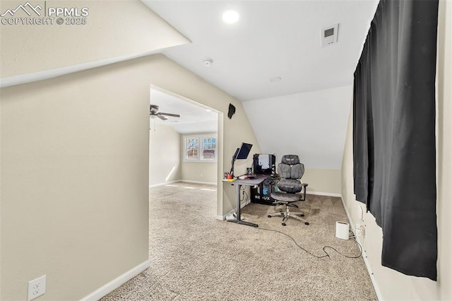909 E 10th St, Pueblo, CO 81001 - office area with carpet, visible vents, lofted ceiling, and baseboards