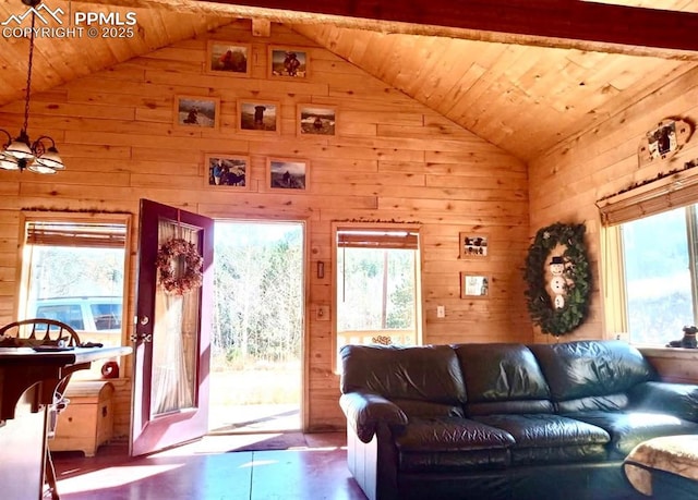 living area with wooden ceiling, wood walls, and plenty of natural light