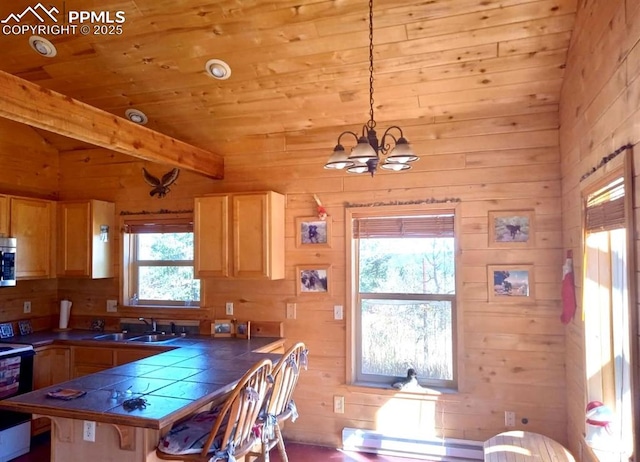 kitchen featuring a sink, stove, a kitchen bar, stainless steel microwave, and wooden ceiling