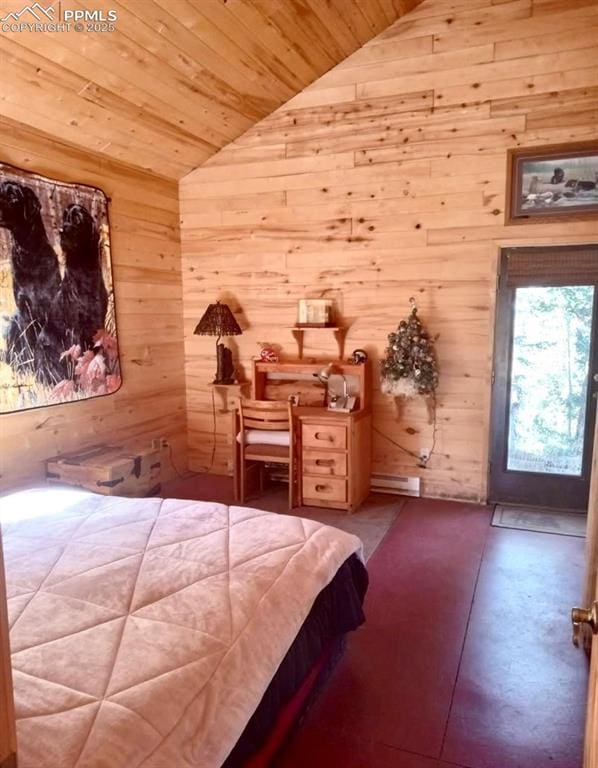 bedroom featuring wooden walls, wooden ceiling, a baseboard heating unit, and vaulted ceiling