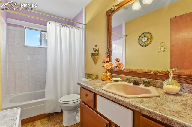 full bathroom with vanity, toilet, and shower / bathtub combination with curtain