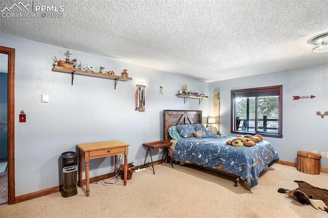 carpeted bedroom featuring baseboards, a textured ceiling, and visible vents