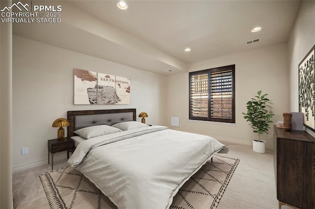 carpeted bedroom with visible vents, recessed lighting, and baseboards