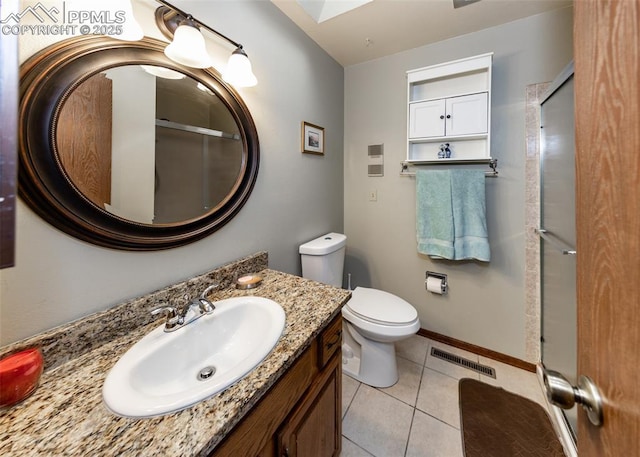 bathroom with a shower with door, visible vents, toilet, tile patterned floors, and vanity