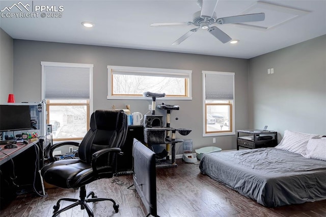 bedroom with recessed lighting, ceiling fan, and wood finished floors