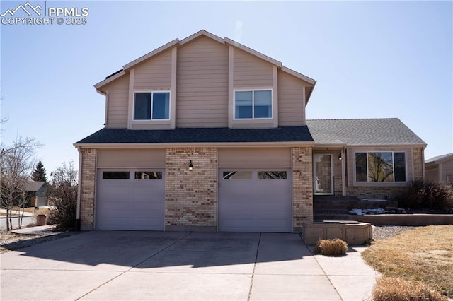 view of front of property with a garage, brick siding, roof with shingles, and driveway