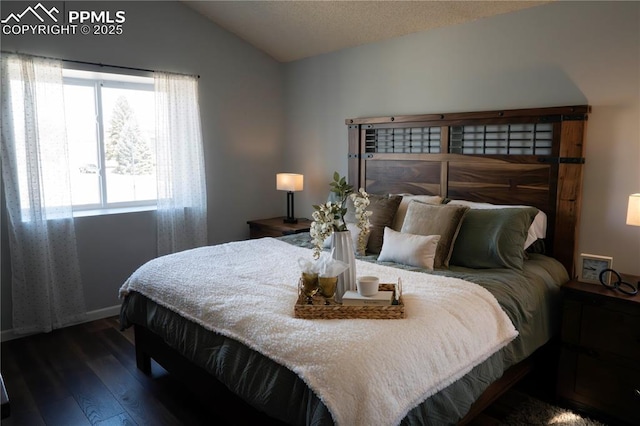 bedroom with lofted ceiling and wood finished floors