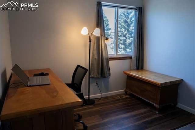 office featuring baseboards and dark wood-style flooring