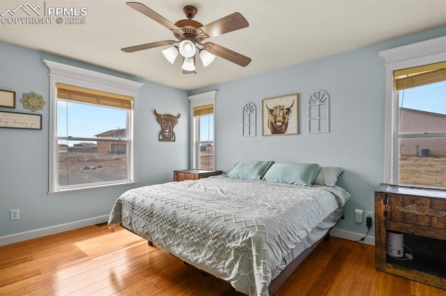 bedroom with multiple windows, baseboards, and wood-type flooring