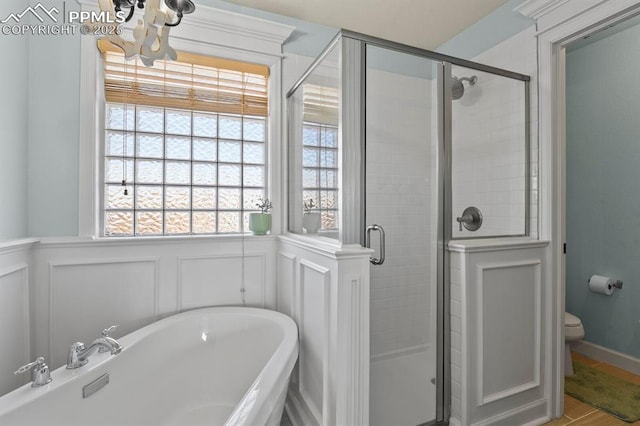 full bath with a wealth of natural light, a freestanding tub, and a stall shower