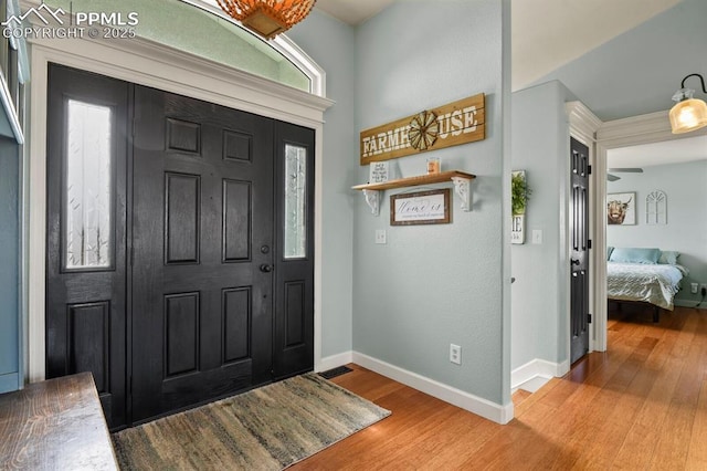 foyer entrance with baseboards and wood finished floors