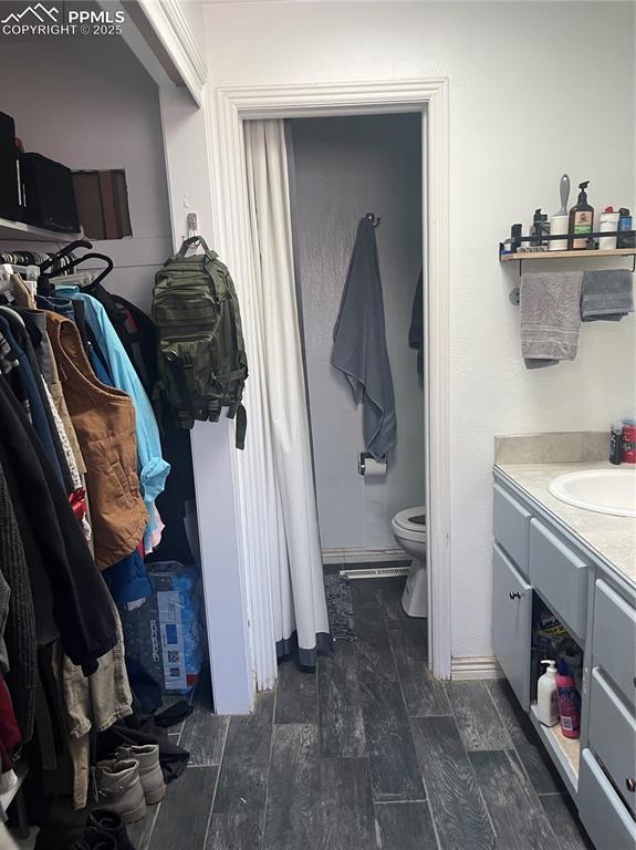 bathroom with toilet, wood finished floors, and vanity