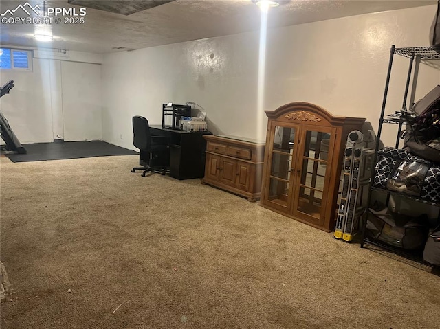 carpeted office with a textured ceiling