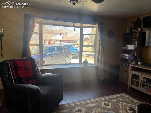 sitting room with plenty of natural light, a textured ceiling, baseboards, and wood finished floors