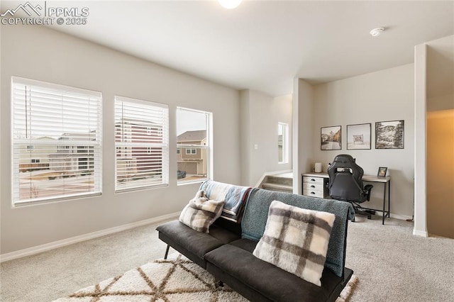 carpeted living area featuring baseboards