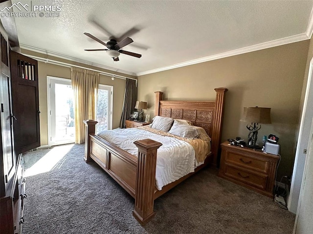 bedroom featuring crown molding, access to outside, dark colored carpet, and a textured ceiling